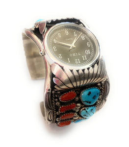 Old Pawn Vintage Navajo Turquoise, Coral & Sterling Silver Watch Cuff