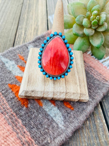 Navajo Red Spiny, Turquoise & Sterling Silver Adjustable Ring