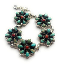 Load image into Gallery viewer, Handmade Sterling Silver Turquoise, &amp; Coral Cluster Bracelet Signed Nizhoni