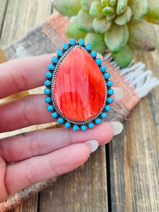 Navajo Red Spiny, Turquoise & Sterling Silver Adjustable Ring