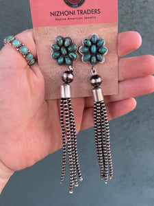 Navajo Sterling Silver Tassel Turquoise Flower Dangle Earrings Signed