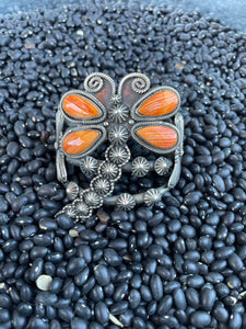 Navajo Sterling Silver And Orange Spiny Dragonfly Cuff Bracelet By K Billah