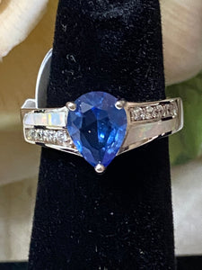 Old Pawn Sapphire, Cubic Zirconia, white Opal Sterling silver Ring Size 7.5