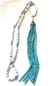 Navajo Howlite, Turquoise & Sterling Silver Pearl Beaded Tassel Necklace