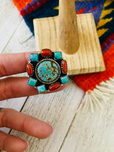 Load image into Gallery viewer, Handmade Sterling Silver, Coral &amp; Number 8 Turquoise Cluster Adjustable Ring
