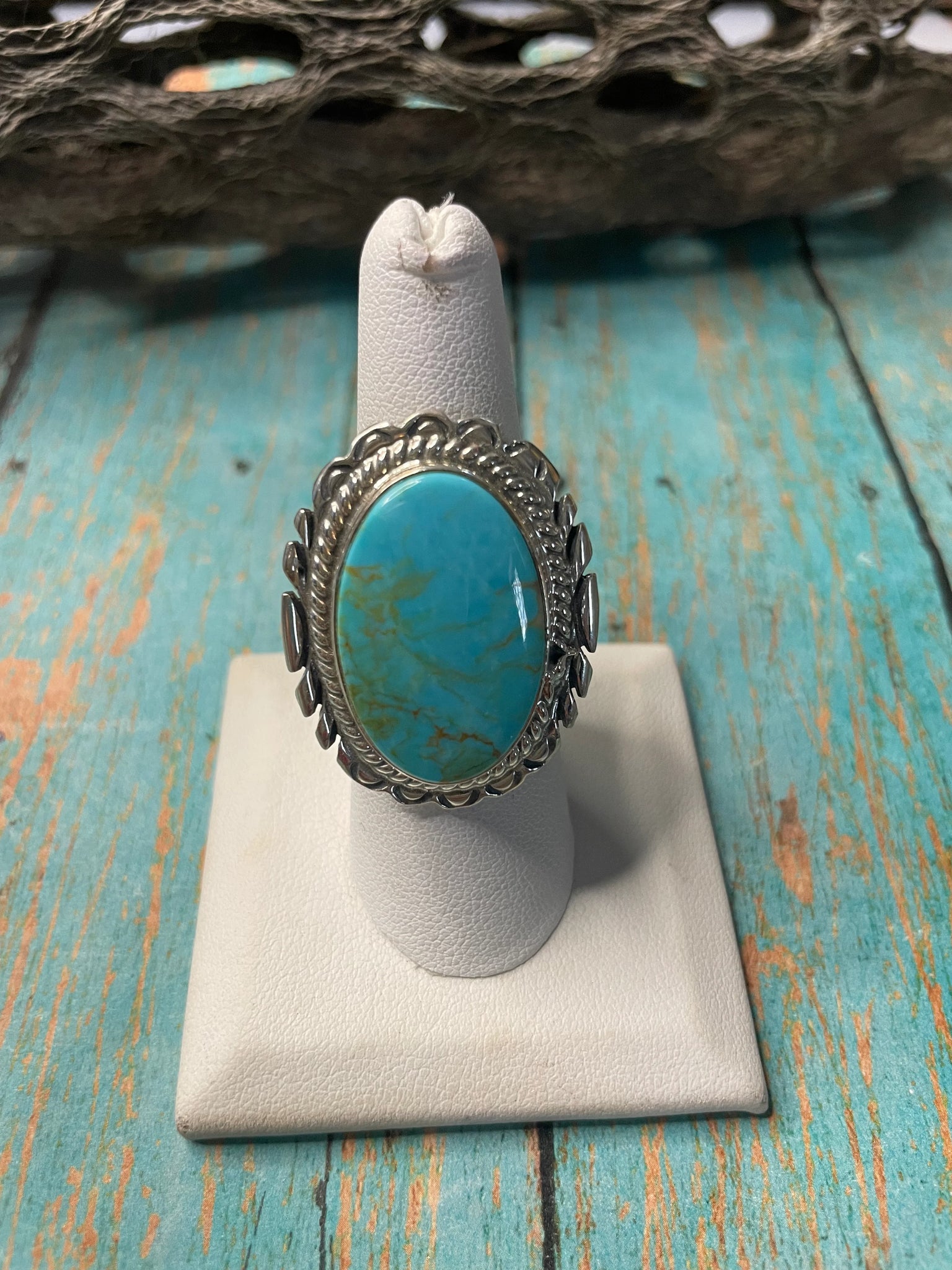 Old pawn/vintage southwestern style turquoise sold and sterling silver ring, size 10