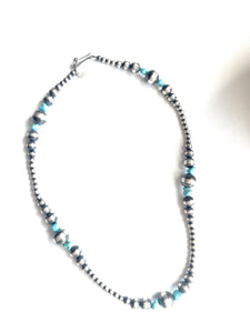 Navajo Sterling Silver & Turquoise Beaded Necklace 14”