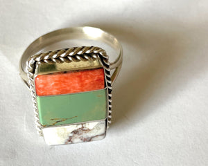 Navajo Sterling Silver Multi Stone Ring Signed Size 14