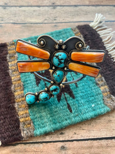 Navajo Kingman Turquoise, Spiny & Sterling Silver Butterfly Cuff Bracelet Signed Kevin Billah