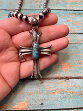 Load image into Gallery viewer, Navajo Kingman Turquoise And Sterling Silver Cross Pendant By Chimney Butte