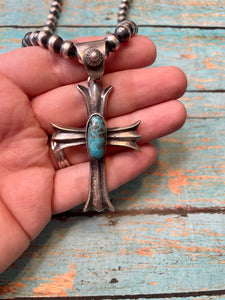 Navajo Kingman Turquoise And Sterling Silver Cross Pendant By Chimney Butte