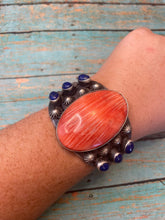 Load image into Gallery viewer, Chimney Butte Navajo Orange Spiny And Lapis Sterling Silver Cuff Bracelet Signed