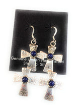 Load image into Gallery viewer, Navajo Hand Stamped Sterling Silver &amp; Lapis Cross Dangle Earrings