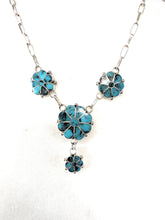 Load image into Gallery viewer, Zuni Sterling Silver &amp; Turquoise Flower Necklace Earrings Set Signed