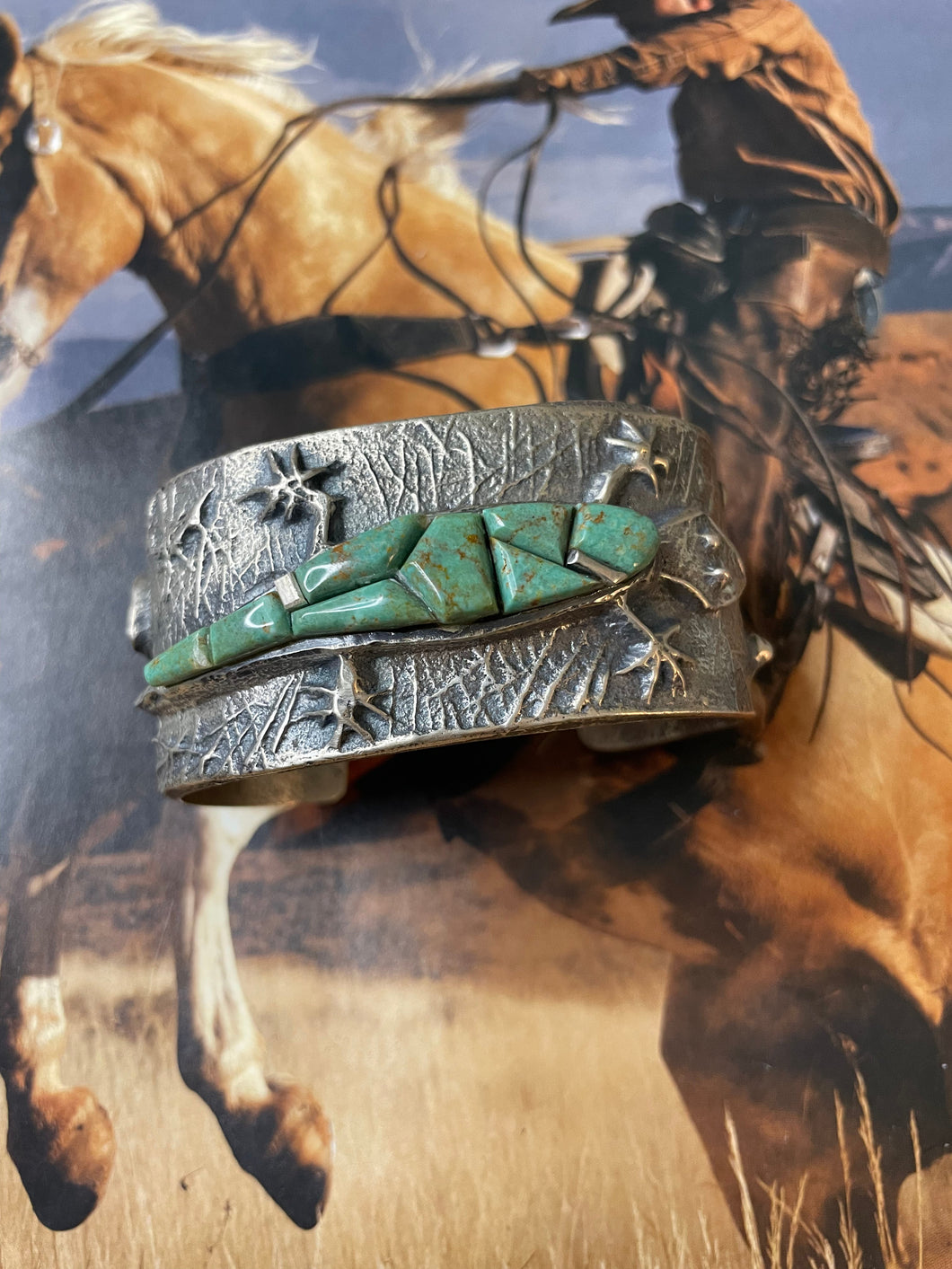 Navajo Turquoise & Sterling Silver Statement Lizard Cuff Bracelet