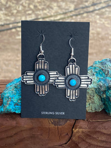 Navajo Turquoise & Sterling Silver Zia Dangle Earrings By Kevin Billah