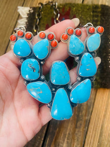 Navajo Sterling Silver, Turquoise & Coral Cactus Necklace