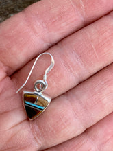 Load image into Gallery viewer, Navajo Turquoise, Onyx, Petrified Wood &amp; Sterling Silver Inlay Petite Triangle Dangle Earrings