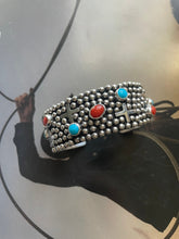 Load image into Gallery viewer, Navajo Sterling Silver, Turquoise, &amp; Coral Cross Cuff Bracelet By Ronnie Willie