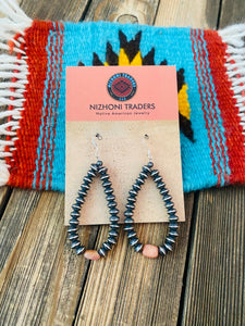 Navajo Sterling Silver Pearl & Rhodochrosite Dangle Hoop Earrings