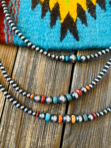 Navajo Multi Stone & Sterling Silver Pearl Triple Strand Beaded 24” Necklace