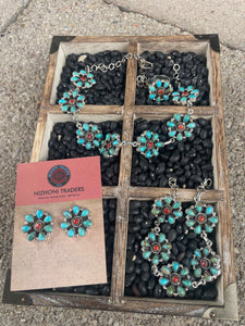 Handmade Turquoise & Coral Post Earrings Signed Nizhoni