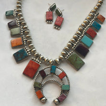 Load image into Gallery viewer, Navajo Multi Stone And Sterling Silver Squash Blossom Necklace Earrings Set By Selina Warner