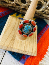 Load image into Gallery viewer, Handmade Sterling Silver, Coral &amp; Number 8 Turquoise Cluster Adjustable Ring