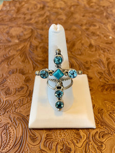 Kingman Turquoise Aquamarine And Sterling Silver Cross Ring Size 10