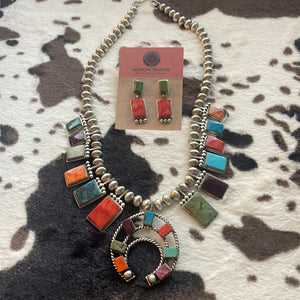 Navajo Multi Stone And Sterling Silver Squash Blossom Necklace Earrings Set By Selina Warner