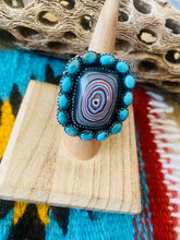 Load image into Gallery viewer, Handmade Sterling Silver, Fordite &amp; Turquoise Cluster Adjustable Ring