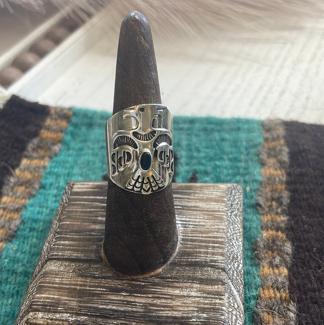 Navajo Thunderbird Sterling Silver & Black Onyx Ring Size 7.5