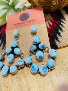 Navajo Golden Hills Turquoise & Sterling Silver Cluster Dangle Earrings