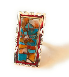 Navajo Sterling Silver & Multi Stone Spice Inlay Ring Size 6.25