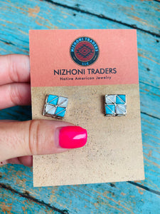 Zuni Sterling Silver, Mother of Pearl & Turquoise Inlay Stud Earrings