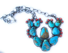 Load image into Gallery viewer, Navajo Sterling Silver, Turquoise &amp; Coral Cactus Necklace