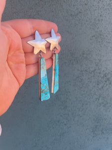 Navajo Sterling Silver & Turquoise Slab Star Dangle Earrings Signed