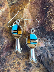 Navajo Turquoise, Onyx, Petrified Wood & Sterling Silver Blossom Dangle Earrings
