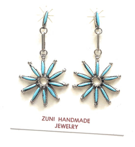 Zuni Turquoise And Sterling Silver Flower Dangle Earrings