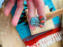Load image into Gallery viewer, Handmade Sterling Silver, Coral &amp; Number 8 Turquoise Adjustable Ring