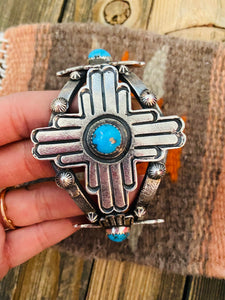 Navajo Sterling Silver & Kingman Turquoise Cross Cuff Bracelet By Kevin Billah