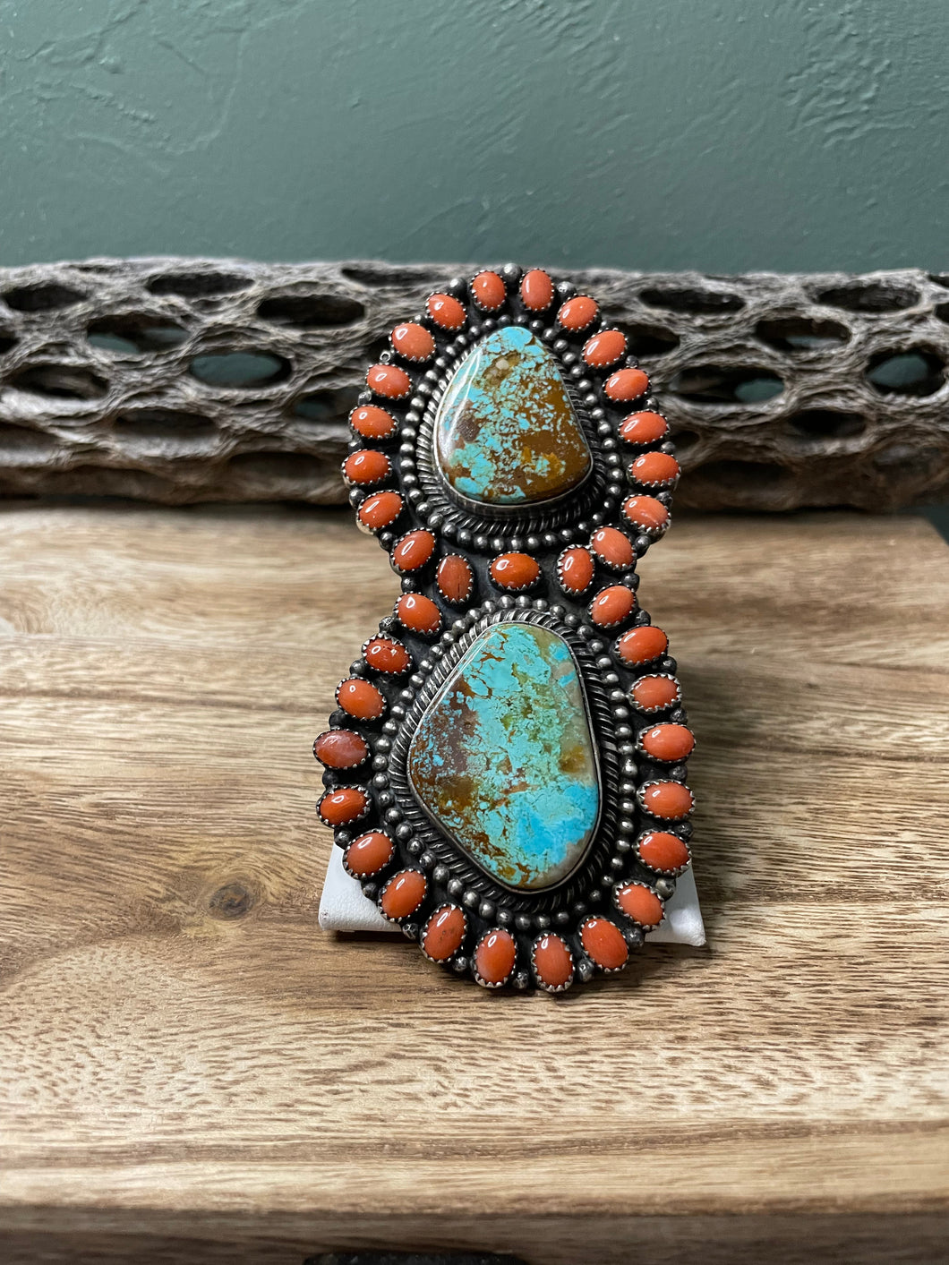 Navajo Sterling Silver Turquoise And Orange Spiny Statement Ring Sz 10