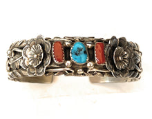 Load image into Gallery viewer, Navajo Old Pawn Vintage Turquoise, Coral &amp; Sterling Silver Cuff Bracelet