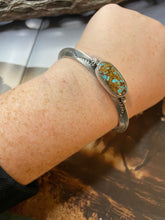 Load image into Gallery viewer, Navajo Hand Stamped Sterling Silver &amp; Turquoise Cuff Bracelet Signed