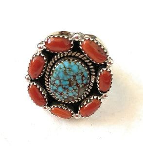 Handmade Sterling Silver, Coral & Number 8 Turquoise Cluster Adjustable Ring