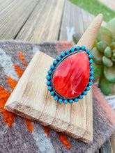 Load image into Gallery viewer, Navajo Red Spiny, Turquoise &amp; Sterling Silver Adjustable Ring