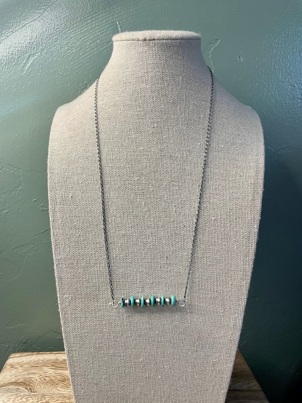 Navajo Sterling Silver And Turquoise Beaded Necklace 16 inch