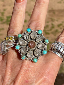 Handmade Garnet Sterling Silver, Turquoise & Herkimer Diamond Cluster Adjustable Ring