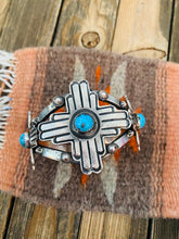 Load image into Gallery viewer, Navajo Sterling Silver &amp; Kingman Turquoise Cross Cuff Bracelet By Kevin Billah