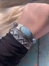 Load image into Gallery viewer, Navajo Golden Hills &amp; Sterling Silver Tufa Cast Cuff Bracelet Signed